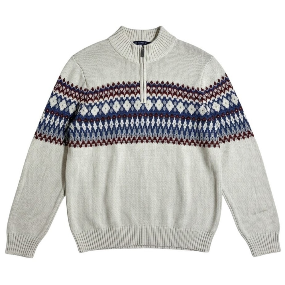 Izod Fair Isle Quarter 1/4 Zip Pullover Knit Sweater Mens Size XL Cream Xmas NWT